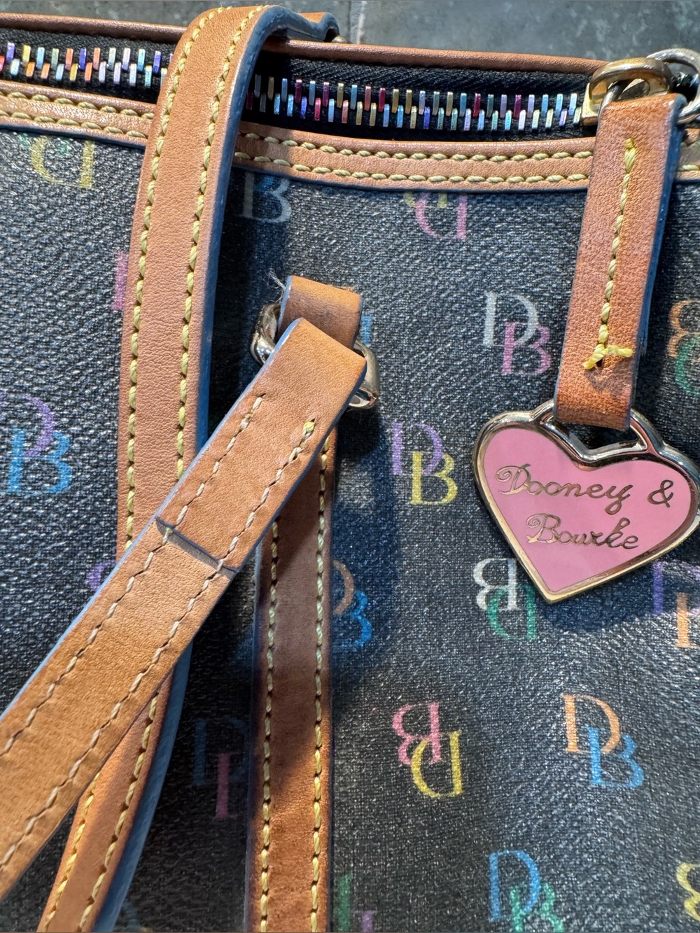Dooney & Bourke Multicolor DB Monogram Bowler Shoulder Bag Heart Charm - Picture 5 of 15